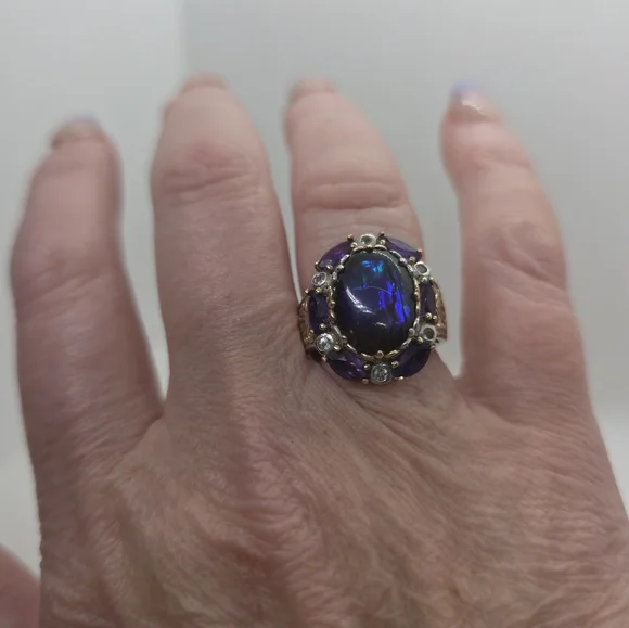 Michael Valitutti Rare Genuine Ammolite & African Amethyst  Ring - Picture 6 of 8